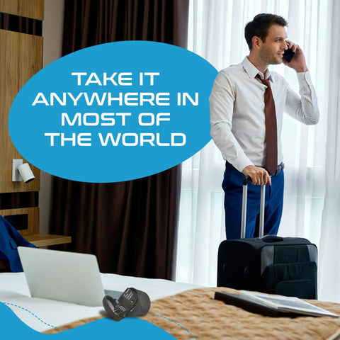 Man in hotel room with suitcase and laptop, Worldwide Travel Plug Adapter Set, 5 Piece Kit For Phones, Laptops, And Chargers