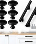 Snag These Solid 30 Pack Cabinet Pulls And Cabinet Knobs Featuring Sleek Matte Black Stainless Steel Finish With Easy Install Drawer Handles For A Quick Kitchen Redo, showcasing 6 knobs and 2 pulls.
