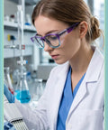 Kickass Anti Fog Safety Glasses That Fit Over Prescription Eyewear For Women in blue and purple, worn by a lab technician.