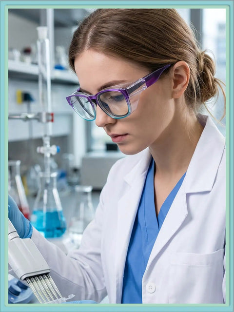 Kickass Anti Fog Safety Glasses That Fit Over Prescription Eyewear For Women in blue and purple, worn by a lab technician.