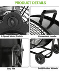 24 Inch High Velocity Industrial Drum Fan With 8100 CFM, 3 Speed Heavy Duty Metal Shop Fan, motor switch, handle, tilt, wheels