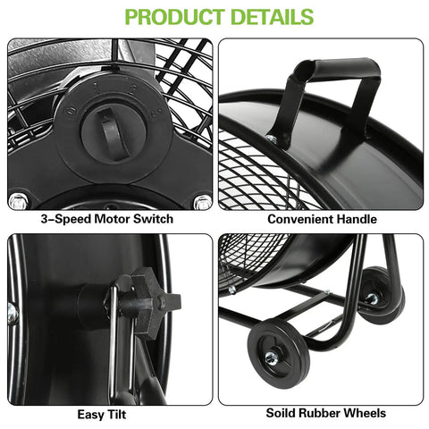 24 Inch High Velocity Industrial Drum Fan With 8100 CFM, 3 Speed Heavy Duty Metal Shop Fan, motor switch, handle, tilt, wheels