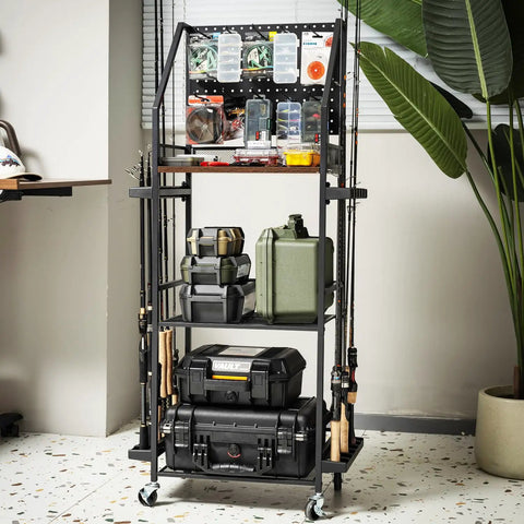 Rolling Garage Fishing Rod Organizer Cart With Pegboard And Lockable Wheels 3 Tier Pole Rack loaded with tackle boxes and rods