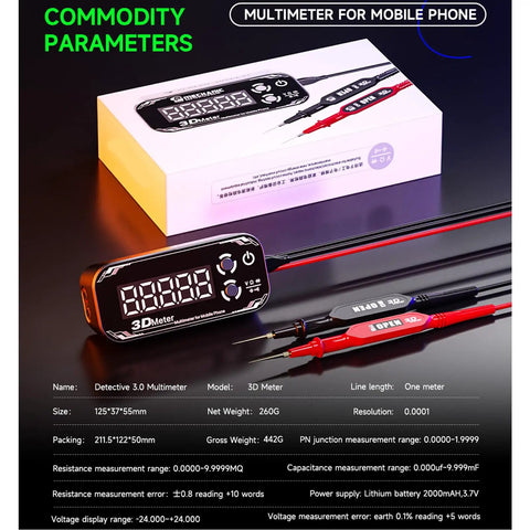 Top Notch Ergonomic Digital Multimeter With Big Bright Screens Auto Shutdown And High Accuracy Voltage Current Capacitance Testing For All Electric Gigs on display with probes and box.