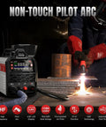 Non-Touch Pilot Arc Plasma Cutter 50A For DIYers, 110/220V, 4.05 Inch LED Display in use, cutting metal plates in workshop