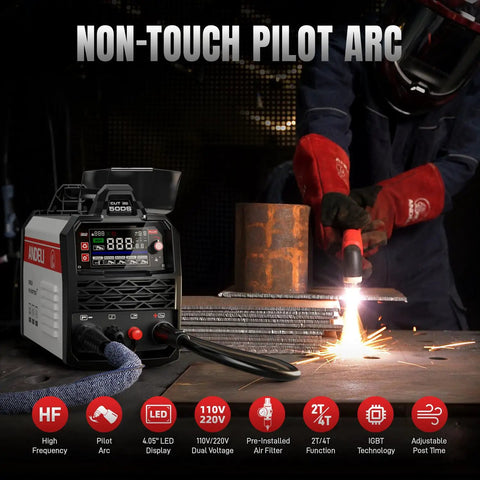 Non-Touch Pilot Arc Plasma Cutter 50A For DIYers, 110/220V, 4.05 Inch LED Display in use, cutting metal plates in workshop