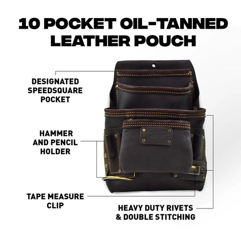 Oil Tanned Leather Tool Pouch With Ten Pockets And Hammer Holder For Carpenters, front view with label annotations.