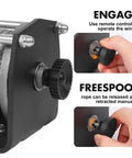 Beefed Up 3000 Lb Electric Winch showcasing remote control operation and manual freespool knob details