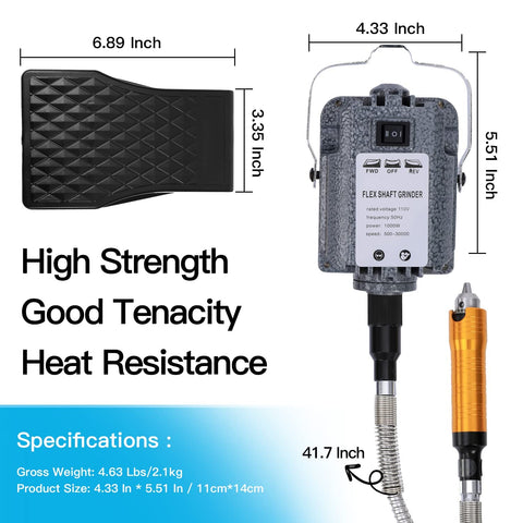 Image showing 1000W Flex Shaft Rotary Tool with foot pedal, forward/reverse rotation. Measurements and specifications included.
