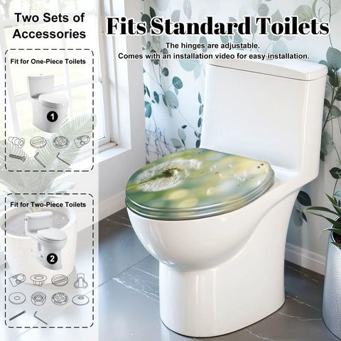 Elongated Dandelion clock morning sun Toilet Seat on a modern white toilet, showcasing its soft-close feature and floral design.