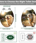 Elongated Toilet Seat Quiet Close Hinges Bathroom with sizing guide and pet image, showing measurement details.
