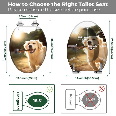 Elongated Toilet Seat Quiet Close Hinges Bathroom with sizing guide and pet image, showing measurement details.
