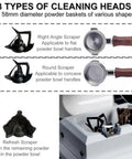 3 types of cleaning heads for 58mm powder baskets shown, including scrapers for flat and concave handles, and a refresh tool.