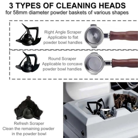 3 types of cleaning heads for 58mm powder baskets shown, including scrapers for flat and concave handles, and a refresh tool.