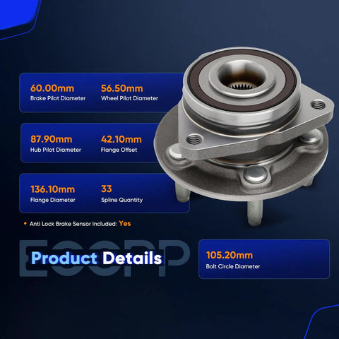 Heavy Duty Wheel Bearing Hub Assembly For Chevrolet Cruze Volt Bolt EV And EUV 2016 To 2023 showing detailed specifications and dimensions.