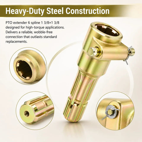 Heavy Duty Gutsy Pto Shaft Extender For Tractor One Three Eight Inch Six Spline Male To Female Connection Rated Up To Seventy Hp Straight Shot Ag Implement Setup, steel construction with six-spline design.