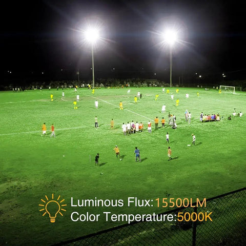Two Pack 150W LED Flood Lights Outdoor, 15,500 Lumen IP66 Waterproof Floodlight illuminating soccer field, 5000K