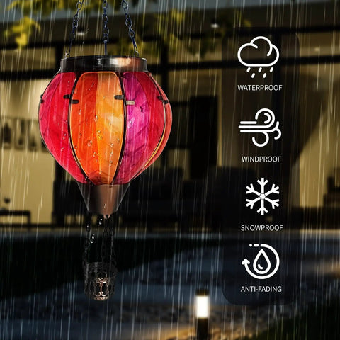 Colorful Hot Air Balloon Solar Lantern With Flickering Flame Light Glass Hanging Outdoor Lanterns Waterproof For Garden Tree Yard Patio Party Decor Solar Powered Night Lighting Cozy Vibe