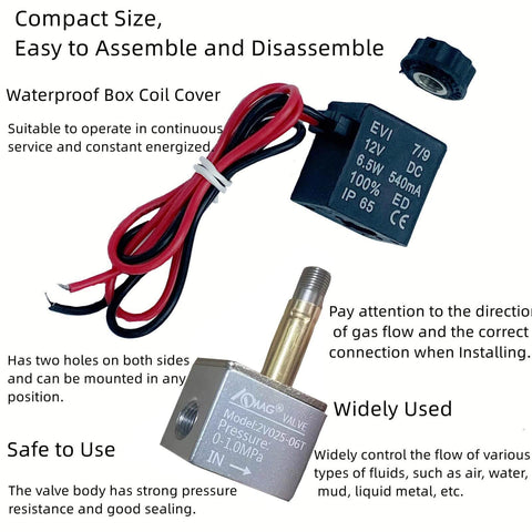 12V DC Aluminum Solenoid Valve for Air and CO2 Compressors, showing wiring, coil cover, and copper guide head, 1/8 inch NPT
