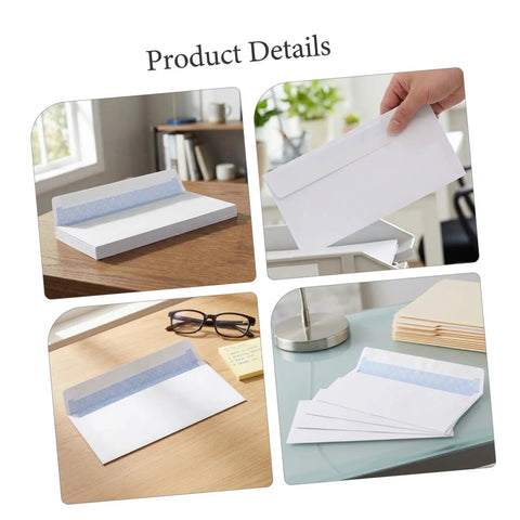 100 Pack White Self Seal Envelopes With Release Paper For Privacy Protection, shown in various office settings.