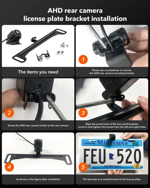 Slick Rear Backup Camera License Plate Mount Bracket installation steps with tools for G840H G890 G850 trucks and vans.