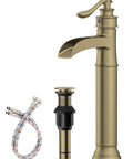 Brass Construction Black And Gold Vessel Sink Faucet With Tall High Arc Body, Single Hole Waterfall Spout, One Handle Vanity Faucet, Includes Pop Up Drain And Supply Lines, Commercial Basin Mixer Tap For A Modern Boss Look, showing faucet and components.