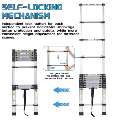 8.5ft Aluminum Telescoping Ladder With Non Slip Feet Do It All Portable Extension Ladder For Home And Outdoor Projects 330lb Capacity Lightweight, Compact Storage, Easy Adjustable Rungs And Safety Locks showing self-locking mechanism