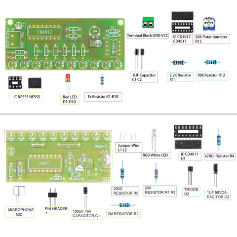 Five-Project Soldering Practice Kit With DIY Electronics Projects Including Tesla Coil Wireless Light, circuit components shown