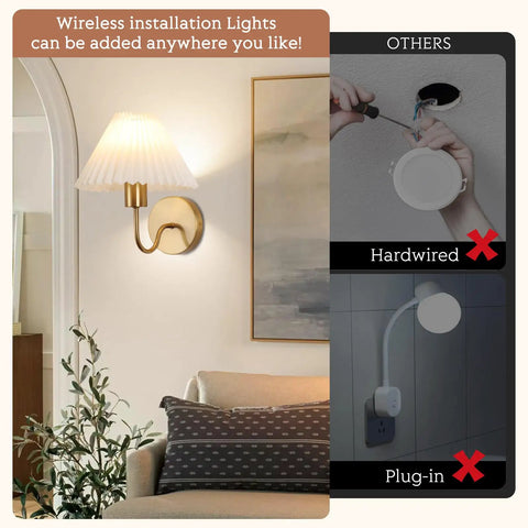 Two Pack Battery Operated Wall Sconces With Pleated Shades installed on wall next to sofa, illustrating wireless installation.
