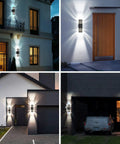 Two Pack LED Square Up And Down Outdoor Wall Lights With Durable Aluminum Body Easy Install IP65 Weatherproof GU10 Compatible 14W 1200 Lumen Warm White 3000K Modern Sconce For Porch And Garage illuminating porch and garage areas.