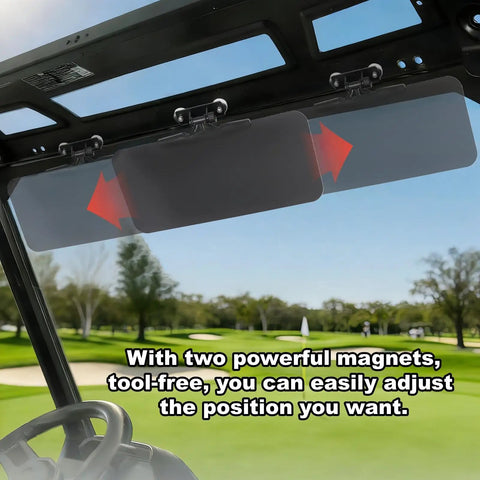 Golf cart interior with installed Magnetic Golf Cart Sun Visor With Polarized Anti Glare 226 Degree Adjustable Fits Pro Fit Bar Or Metal Roof And Crossbars EZGO Golf Cart Accessories 13.2 By 5.9 Inches shown on roof