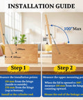 Installation guide for Soft Close Toy Box Hinges 200N Hydraulic step-by-step instructions with measurement details.
