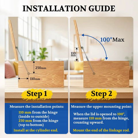 Installation guide for Soft Close Toy Box Hinges 200N Hydraulic step-by-step instructions with measurement details.