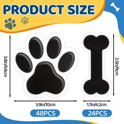 Black Paw Print And Bone Cutouts Set For Doggy Themed Parties And Classroom Decor 72 Pieces Featuring 48 Paw Shapes And 24 Bone Shapes For Fun Learning Activities, showing paw and bone sizes