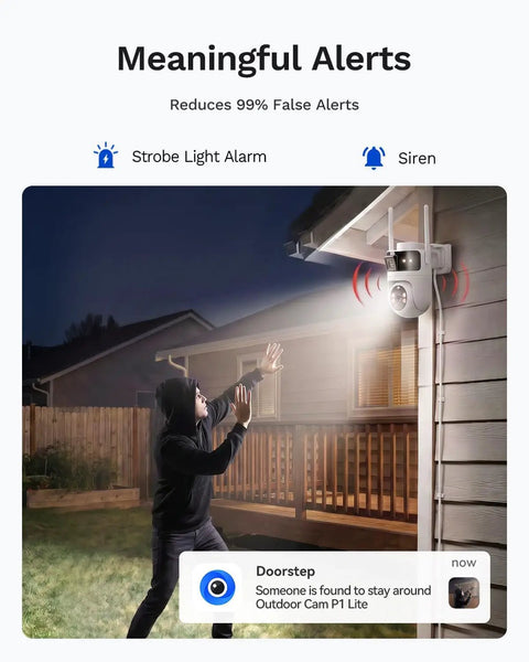Solid Build 2K Dual Lens Outdoor Security Camera With Pan Tilt Control and Around The Clock Wireless Monitoring in use at night.