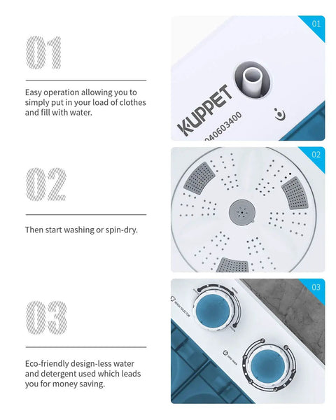 Compact Twin Tub Portable Mini Washer With Built In Drain Pump Semi Automatic Spin Dry Cycle controls and washing functions.
