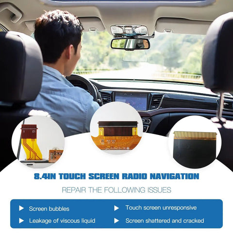 Straight Up 8.4 Inch Uconnect 4C UAQ Touch Screen LCD Display Upgrade With Bluetooth Android Auto Apple Carplay shown with display issues and repair tips.