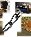 Heavy Duty Bushcraft Carabiner Snap Hooks in black and silver zinc finish, used in outdoor activities like hammocking and weightlifting.