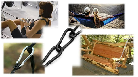 Heavy Duty Bushcraft Carabiner Snap Hooks in black and silver zinc finish, used in outdoor activities like hammocking and weightlifting.