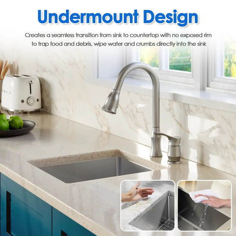 Undermount Bar Prep Kitchen Sink 15x15x8 In Compact 304 Stainless Steel Small Single Bowl With Drain Brushed Finish installed in countertop