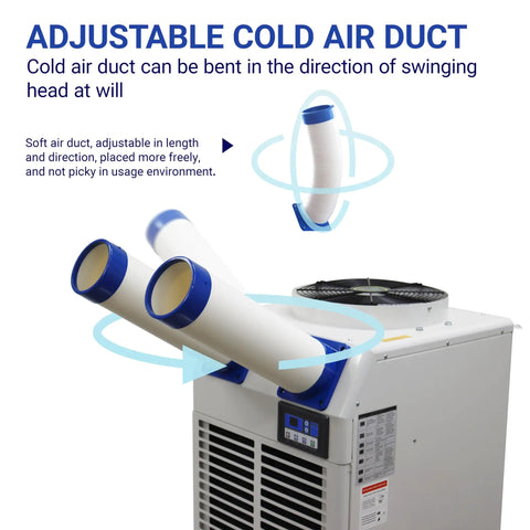 Adjustable cold air ducts on heavy duty portable air conditioner with 18,700 BTU output for versatile cooling.