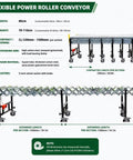 Wide Expandable Powered Conveyor Roller Unload Warehouse Goods 110v Heavy Duty Galvanized Steel Frame with adjustable height and width dimensions.