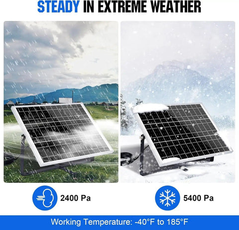 Off Grid 25W 12V Solar Battery Charger Kit with Waterproof Panel in rain and snow, mounted on adjustable bracket