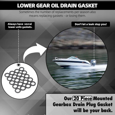 20 Pack Black Lower Gear Case Oil Drain Gaskets For Yamaha 90430-08020-00 And 90430-08003-00 with boat illustration