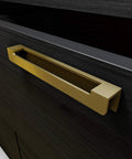 Brass Gold Self Adhesive Edge Fingerpull Door Handle on black cabinet, 2 Pack, no screws, peel and stick for glass wood metal plastic surfaces.