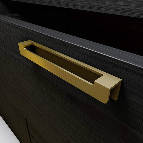 Brass Gold Self Adhesive Edge Fingerpull Door Handle on black cabinet, 2 Pack, no screws, peel and stick for glass wood metal plastic surfaces.