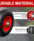 Close-up of red and black 8 inch gate wheel for round tube gates with durable materials labeled for smooth and secure gate operation