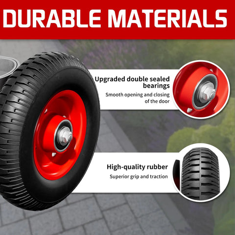 Close-up of red and black 8 inch gate wheel for round tube gates with durable materials labeled for smooth and secure gate operation