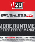 V20 Lithium Ion Battery Advertisement for Brushless RP, showcasing improved runtime and performance features.