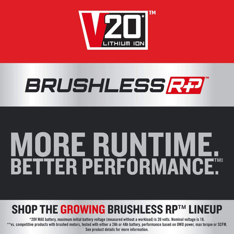 V20 Lithium Ion Battery Advertisement for Brushless RP, showcasing improved runtime and performance features.